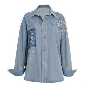 Fashion denim jas blouse voor vrouwen sexy casual straatkleding plus size strass denim jas vintage herfst top 240131