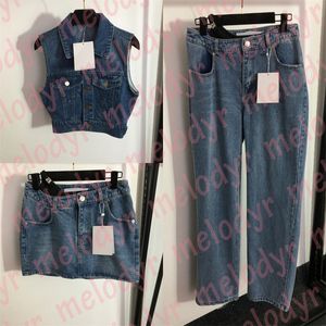 Mode Denim Broek Set Sexy Denim Rokken Mode Korte Stijl Mouwloze Jas Designer Metalen Letter Hoge Taille Jeans