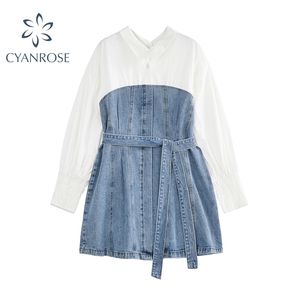 Mode Denim Patchwork Robes Femmes Avec Ceinture Streetwear À Manches Longues Cowboy Frcoks Été Élégant Polo Col Vestiod 210515