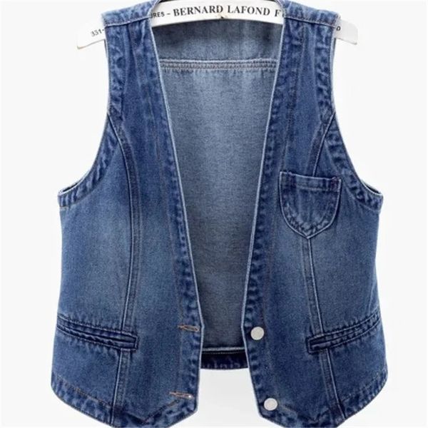 Mode Denim gilet femme Streetwear col en V femmes été grande taille gilet jean hauts sans manches veste Chaleco Mujer 6XL 240109