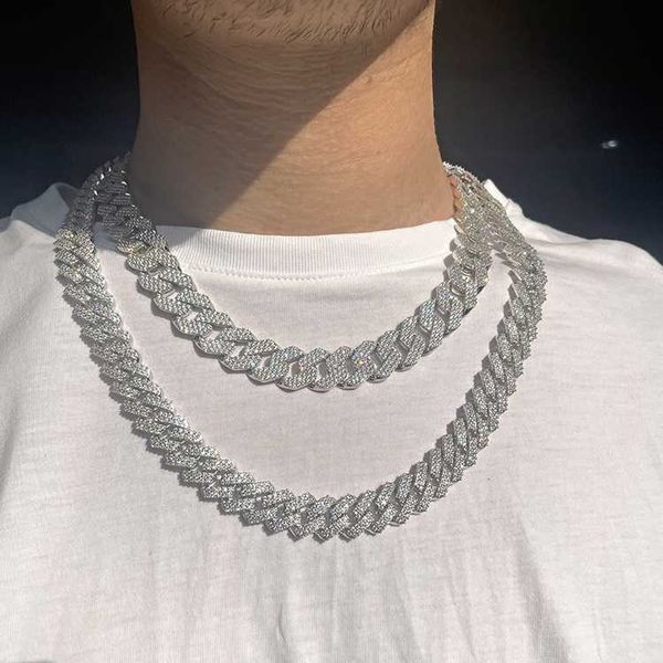 Diseño de moda 925 Plata 3 filas 16 pulgadas de ancho Conjunto Moissanite Collar de diamantes Cadena de eslabones cubanos para Mans