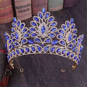 Fashion Design Baroque Exquisite Goud Blauw Rood Crystal Tiara en Crown Dames Bruids Bruid Bruiloft Haar Sieraden Accessoires 210707