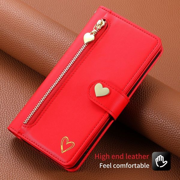 Fashion Design Gold Zipper Carte Pocket Cuir Belt Celon pour Apple iPhone 15 14 Pro XR13 Multi Carte Foil Stamping Heart 360 Protection complète