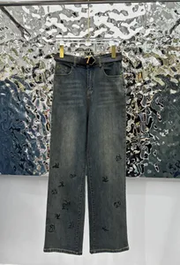 Modeontwerp Hoge taille Straght Bordijnpatroon jeans met riem vrouwen blauwe kleur streetwear losse casual denim broek