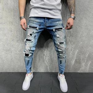 Design de mode trou jean mince hommes peinture déchiré couture pantalon en jean maigre décontracté évider pantalon à glissière 240313