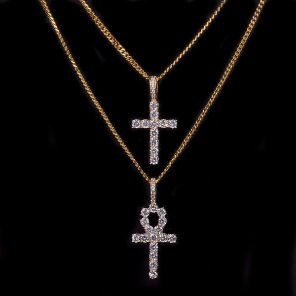 Diseño de moda, collar con cruz Ankh de circón helado, conjunto de joyas, joyas de oro, plata y cobre, collar con colgante egipcio clave de la vida con circón. xkdq