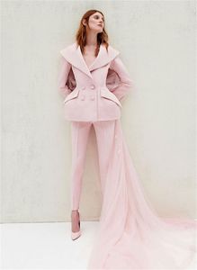 Modeontwerp roze avondjurken met wrap twee stukken broek pak satijn tule lange mouw prom jurk feestkleding op maat gemaakte vrouwen gewaden de soirée