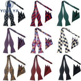 Diseño de moda Self Bow Tie Hanky Set Plaid Paisley Lunares Seda Jacquard Tejido Hombres Bowtie Pocket Square Traje Fiesta de bodas 240111