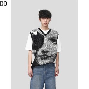 Modeontwerp trui Vest mannen Koreaanse losse persoonlijkheid gezicht afdrukken v-hals trui vest mouwloze chique y2k stijl mannelijk 240518