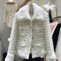 Design de mode femmes élégant col de fourrure de lapin patchwork tweed laine gland frange coton rembourré épaississement veste manteau SM228g