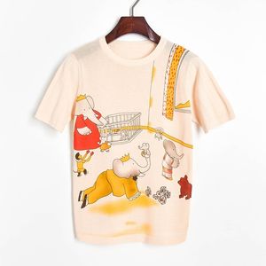 Modeontwerp vrouwen korte mouw vintage breien top lente zomer cartoon olifant print hoge kwaliteit T-shirt 210429