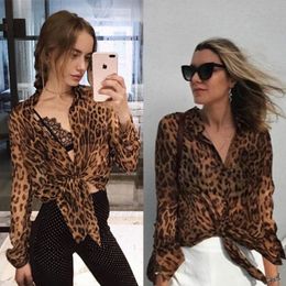 Modeontwerp dames in Europese stijl perspectief luipaard print lange mouw chiffon blouse shirt sml