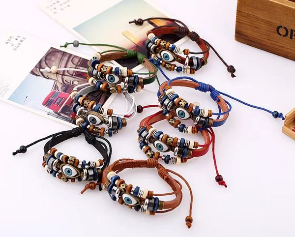 Bracelet en cuir de vachette à œil bleu multicouche avec perles tissées au design tendance