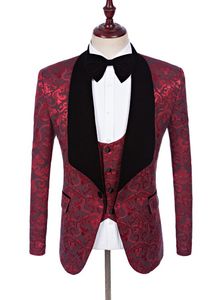 Fashion Designe Jacquard Groom Tuxedos Noir Revers Groomsmen Hommes Robe De Mariée Homme Veste Blazer 3 Pièces Costume (Veste + Pantalon + Gilet + Cravate) 59