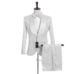 Moda Designe Branco Jacquard Noivo Smoking Xale Lapel Padrinhos Homens Vestido de Noiva Homem Jaqueta Blazer 3 Peças TernoJaqueta Calça V271M