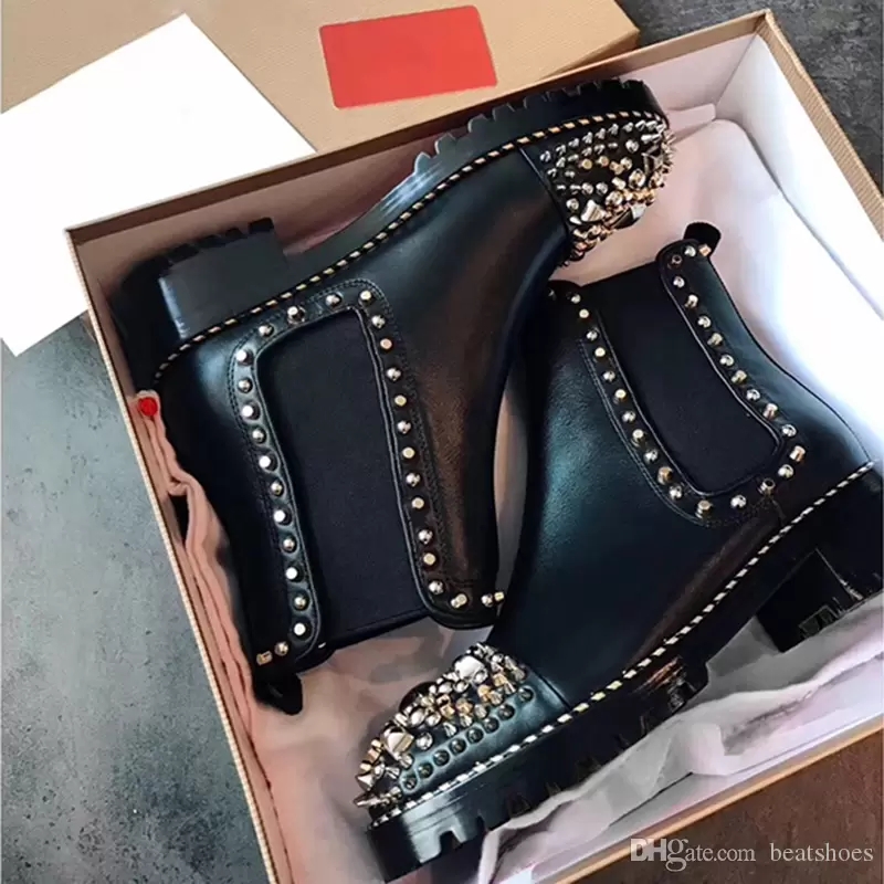 Fashion Designer Ankle Martin boots Women's Designer Women's Boots Studded Shoes Square heel Platform Rider motorcycle cowhide boots 35-41