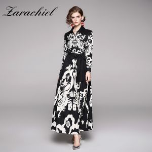 Mode ontwerper herfst winter maxi jurk vrouwen lange mouw strikje kraag vintage gedrukte elegante geplooide lange jurk 201028