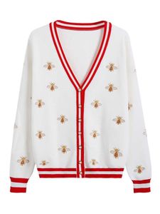 Créateur de mode Abeille Broderie Cardigan À Manches Longues Simple Boutonnage Contraste Couleur Bouton Chandails Tricotés C-068