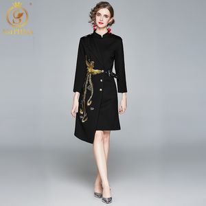 Créateur de mode robes noires printemps automne femmes broderie élégante asymétrique Vestido Da Festa 210520