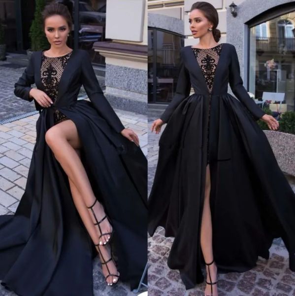 Robes de bal noires de créateurs de mode, manches longues, appliques en dentelle, fente latérale, satin, grande taille, robes de soirée, caftan abendkleider, robes de