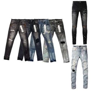 Modeontwerper Casual Heren Nieuwe Paarse Jeans Splicing Ripped High Street Slanke Motorfiets Patch Lange Been Outdoor Sport Joggingbroek