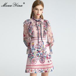 Mode designer jurk herfst damesjurk kant flare mouw ruches circus print jurken 210524