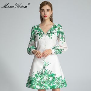 Robe de créateur de mode automne robe pour femmes col en V manches lanterne diamant à simple boutonnage feuille verte robes d'impression 210524