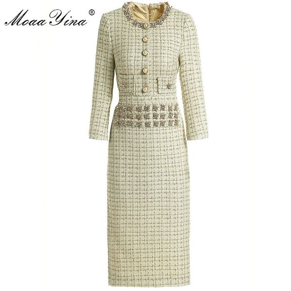 Robe de créateur de mode printemps automne robe pour femmes bouton en cristal fil d'or tweed robes minces 210524