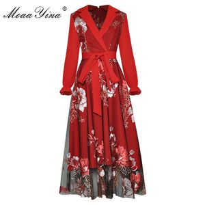 Mode designer jurk lente vrouwen jurk v-hals lange mouw mesh borduurwerk veter-up jurken 210524