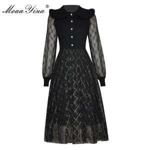Mode designer jurk lente damesjurk mesh lange mouwen breien patchwork lurex baljurk elegante jurken 210524