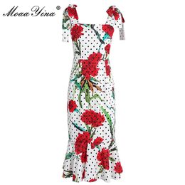 Mode designer jurk zomer damesjurk dot floral print elegante spaghetti riem jurken 210524