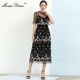 Mode designer jurk zomer damesjurk korte mouw mesh bloemen borduurwerk slanke elegante vakantie zwarte jurken 210524