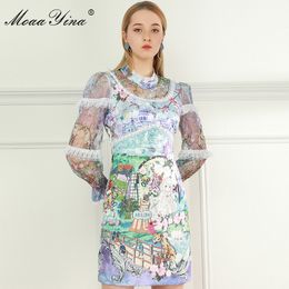Robe de créateur de mode Robe d'été pour femmes Mesh Manches longues Dentelle Paillettes Dream Manor Robes à imprimé floral 210524