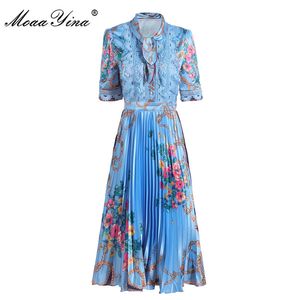Mode designer jurk zomer damesjurk korte mouw boog kraag kant bloem print geplooide elegante jurken 210524