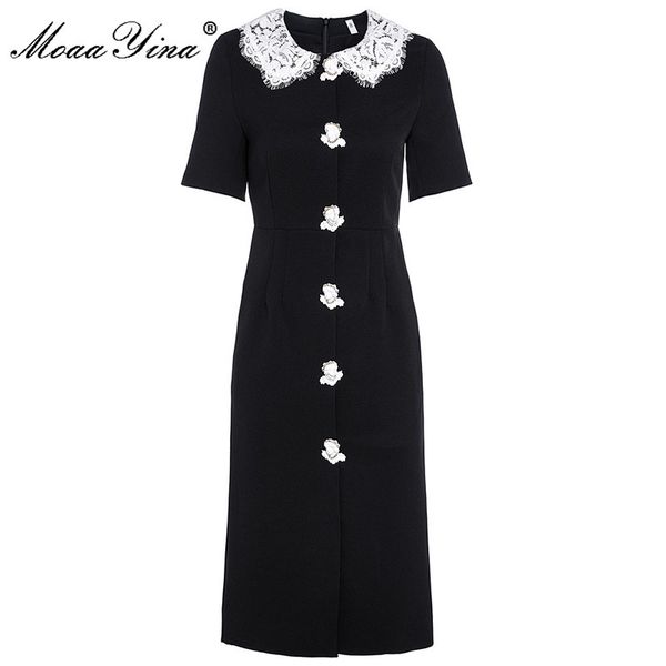 Vestido de diseñador de moda Vestido de mujer de verano Encaje Peter Pan Collar Manga corta Negro Vintage Vestidos elegantes 210524