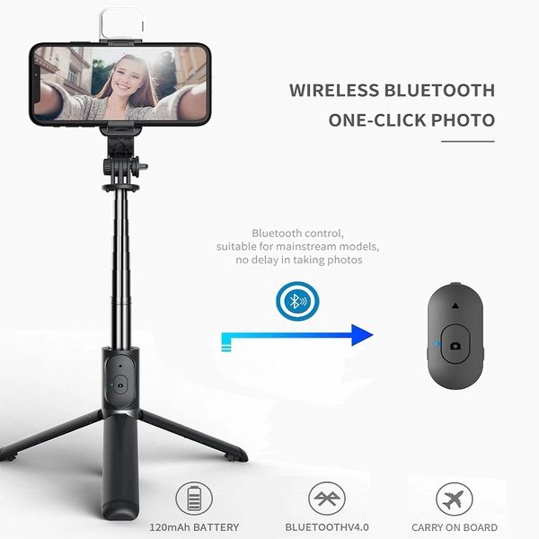 Créateur de mode FANGTUOSI monopode sans fil selfie bâton trépied Bluetooth pliable avec obturateur à distance à lumière LED pour iphone en gros