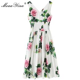 Modedesigner Weibliches Kleid Sommer Damen Baumwollkleid V-Ausschnitt Blumendruck Elastische Taille Kleider 210524