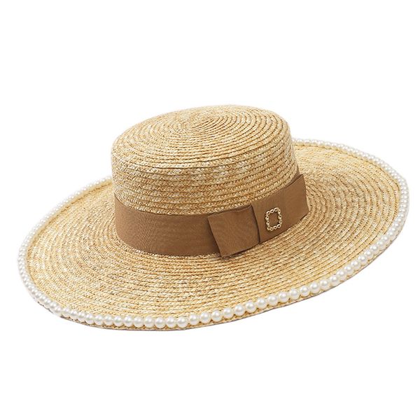 Chapeaux de paille d'herbe de créateur de mode, chapeaux d'été à grand bord, Vintage élégant avec nœud en perles pour femmes et dames