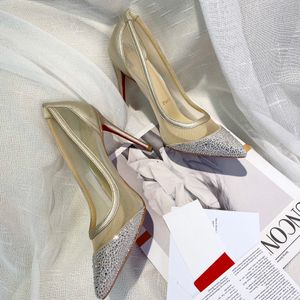 Créateur de mode de haute qualité femmes talon rouge talons hauts sandales à semelles en cuir de luxe pantoufle 1-12 cm gaze diamant fête de mariage chaussures de dîner professionnel H1743