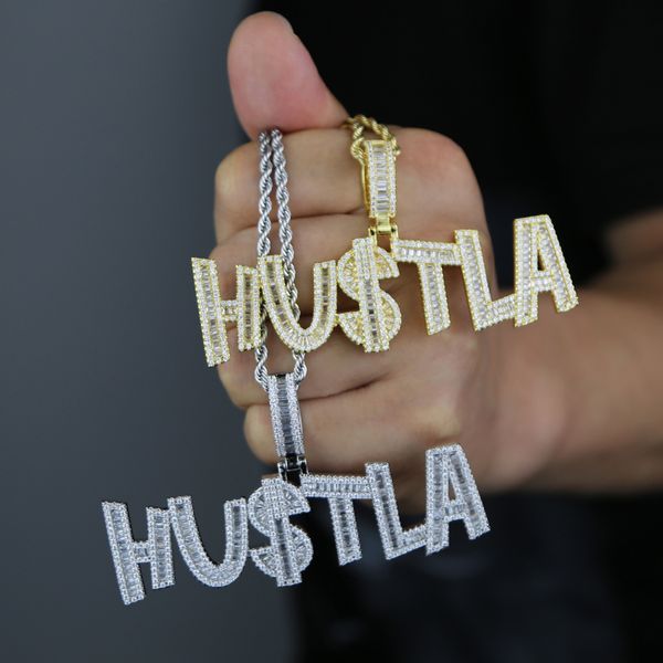 Créateur de mode Hustla Lettre Us Dollar Signe Pendentif Charm Collier Glacé Pour Hommes Bling Cubique Zircone Cz Charme Plaqué Or Hip Hop Bijoux De Mode