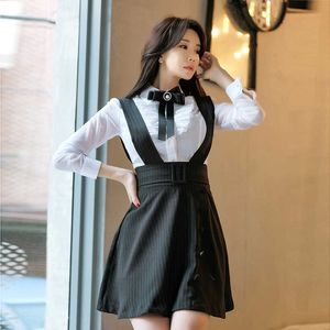 Modeontwerper Koreaanse pak lente vrouwen lange mouw boog ruches blouse tops + spaghetti riem gestreepte rok tweedelige set 210529