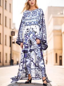 Modeontwerper lange jurk herfst vrouwen flare mouw blauw en wit porselein afdrukken feestvakantie losse vestidos