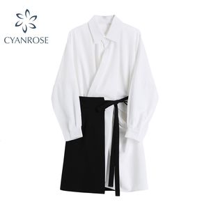 Mode ontwerper lange mouw jurk vrouwelijke lente herfst lace up zwart wit dames shirt jurken Koreaans slank tweedelig 210515