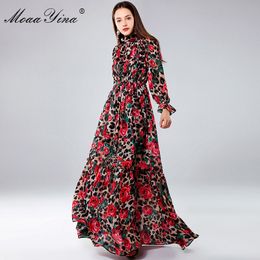 Mode Designer Maxi Jurken Dames lange mouw Sexy Leopard Print Rose Floral Elegant Party Holiday 210524