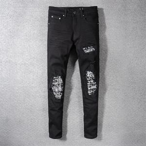 Créateur de mode Men Jeans Black Color Patch Designer Ripped Jeans Mens Détravé Pantalage Bât Basing Slim Fit Hip Hop227