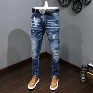 Modeontwerper Heren Jeans Retro Blauw Stretch Slim Fit Painted Ripped Jeans Heren Koreaanse stijl Vintage Casual Denim Broek Hombre 240115