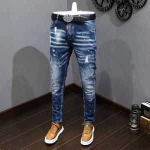 Créateur de mode hommes jean rétro bleu Stretch coupe ajustée peint déchiré jean hommes Style coréen Vintage pantalon en jean décontracté Hombre 240311