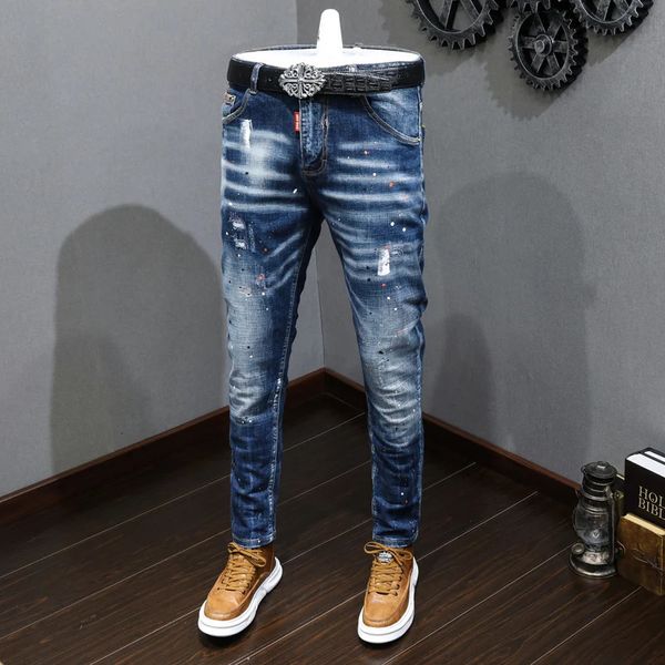 Créateur de mode hommes jean rétro bleu Stretch coupe ajustée peint déchiré jean hommes Style coréen Vintage pantalon en jean décontracté Hombre 240115