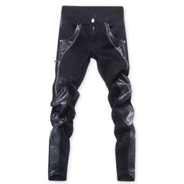 Créateur de mode hommes noir fermeture éclair moto cuir pantalon coréen mince maigre épissure Denim 231222