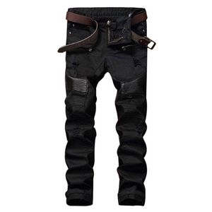 Designer de mode Hommes Ripped Biker Jeans En Cuir Patchwork Slim Fit Noir Moto Denim Joggers Pour Homme Jeans En Détresse Pants210e